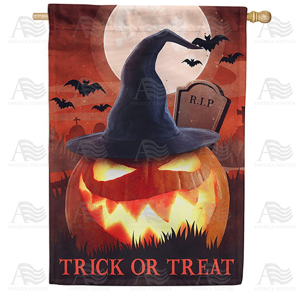 America Forever Trick or Treat Halloween House Flag 28 x 40 inch Double Sided Outside, Happy Halloween Witch Glowing Jack-O-Lantern Horror Night Holiday Yard Outdoor Decorative Flag