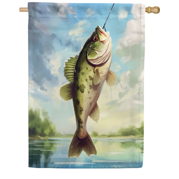 America Forever Trophy Bass House Flag 28 x 40 inch Double Sided Fishing Lake Jumping Fish Outdoor Recreation Bass Fishing Yard Decorative Flag