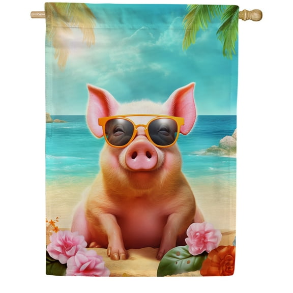 America Forever Tropical Beach Summer Funny Pig House Flag 28 x 40 inch Double Sided Cute Pink Pig Floral Coastal Yard Outdoor Decor