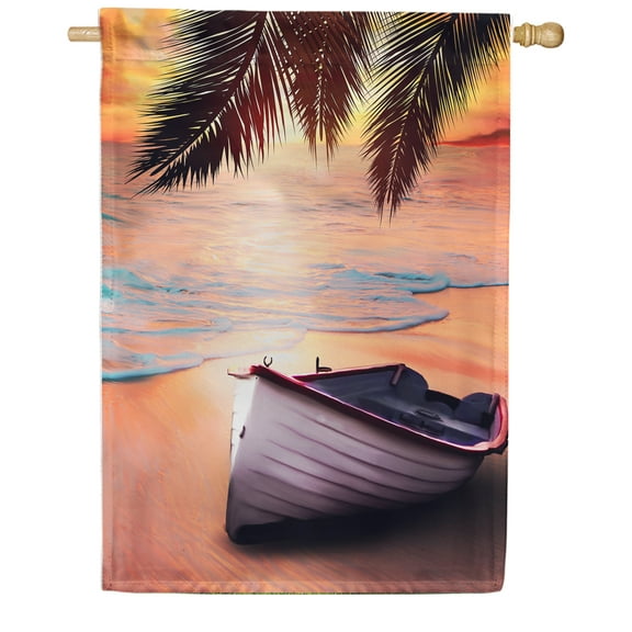 America Forever Tropical Beach Sunset House Flag 28 x 40 inches Summer Boat Sea Coastal Palm Leaves Tranquil Paradise Double Sided Seasonal Yard Outdoor Decorative Nautical Waves House Flag