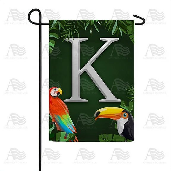 America Forever Tropical Bird Summer Monogram Garden Flag Letter K 12.5 x 18 inches Parrot Toucan Palm Leaves Double Sided Vertical Outdoor Yard Lawn Decorative Coastal Garden Flag