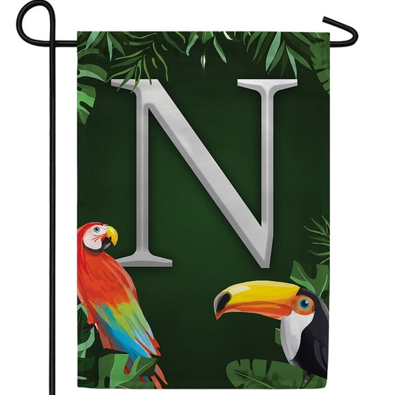 America Forever Tropical Bird Summer Monogram Garden Flag Letter N 12.5 x 18 inches Parrot Toucan Palm Leaves Double Sided Vertical Outdoor Yard Lawn Decorative Coastal Garden Flag