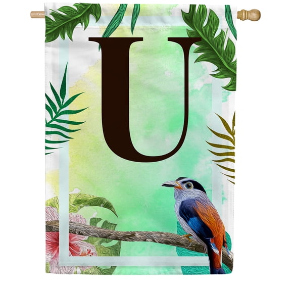 America Forever Tropical Bird Summer Monogram House Flag Letter U 28 x 40 inches Parrot Toucan Palm Leaves Double Sided Vertical Outdoor Yard Lawn Decorative Exotic House Flag
