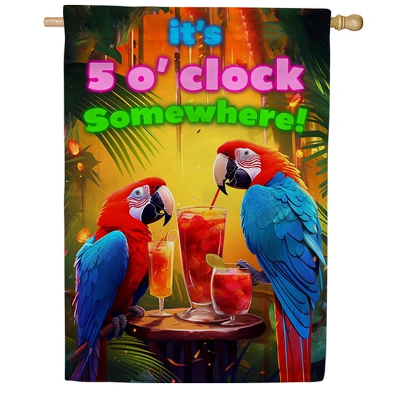 America Forever Tropical Parrots 5 O'Clock House Flag, 28 x 40 inch Double Sided, Cocktail Party Banner, Summer Tiki Decor, Outdoor Paradise Flag