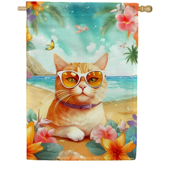 America Forever Tropical Summer Cat House Flag 28 x 40 inch Double Sided Funny Beach Cat Hibiscus Frangipani Floral Coastal Yard Outdoor Outside Decoration