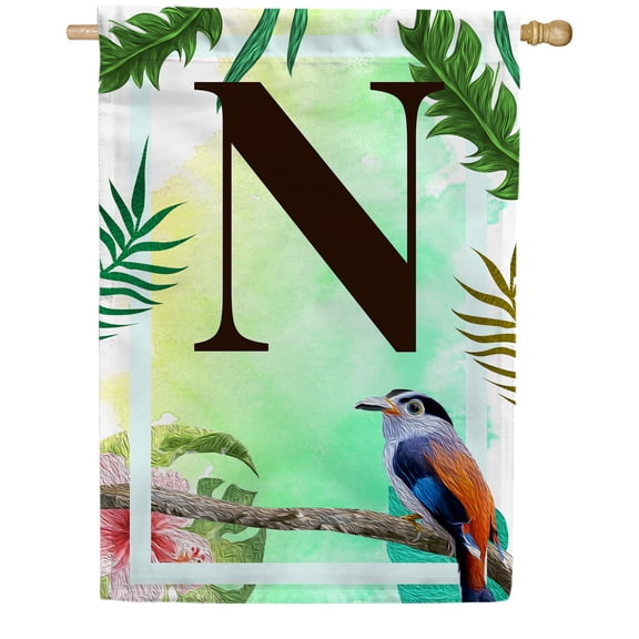 America Forever Tropical Summer Monogram House Flag Letter N 28 x 40 inches Palm Leaves Hibiscus Coastal Bird Double Sided Vertical Outdoor Yard Lawn Decorative Red Floral House Flag