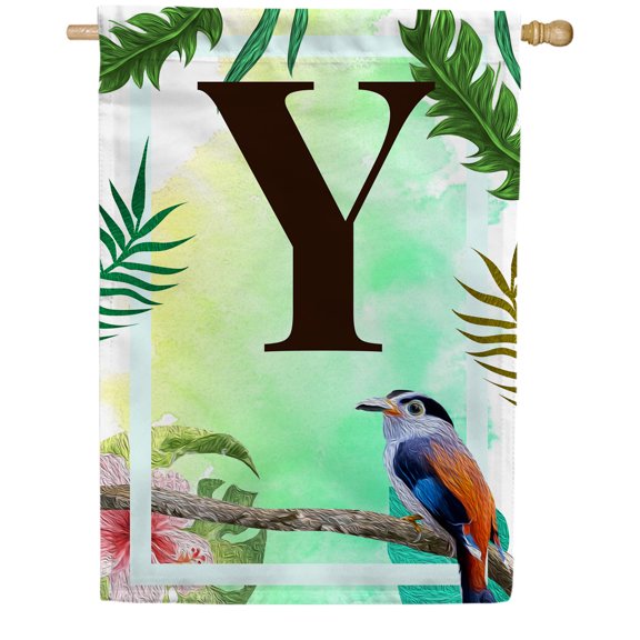 America Forever Tropical Summer Monogram House Flag Letter Y 28 x 40 inches Palm Leaves Hibiscus Coastal Bird Double Sided Vertical Outdoor Yard Lawn Decorative Red Floral House Flag