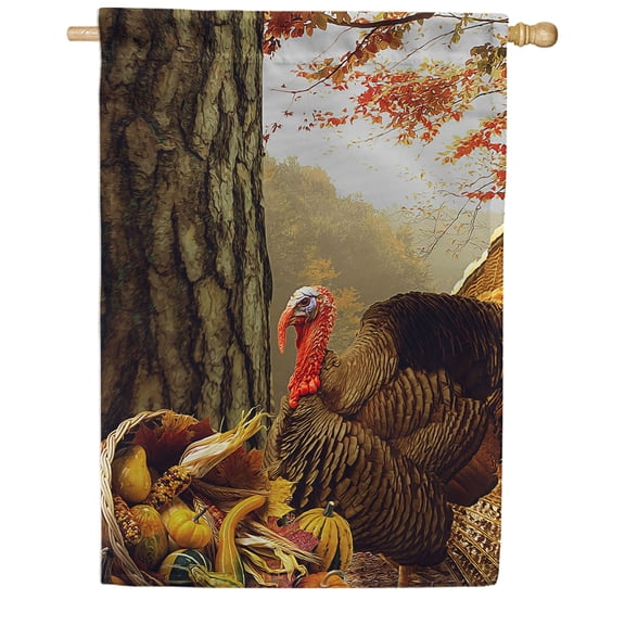 America Forever Turkey Cornucopia House Flag, 28 x 40 inch Double Sided, Thanksgiving Wild Turkey Banner, Fall Harvest Decoration, Autumn Seasonal Outdoor Decor, Holiday Yard Flag