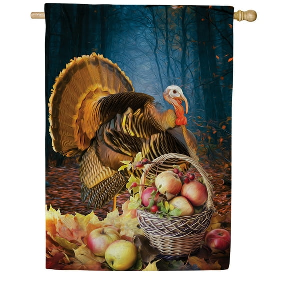 America Forever Turkey Harvest House Flag, 28 x 40 inch Double Sided, Wild Turkey Apple Basket, Autumn Forest Scene, Thanksgiving Decor, Fall Yard Decoration
