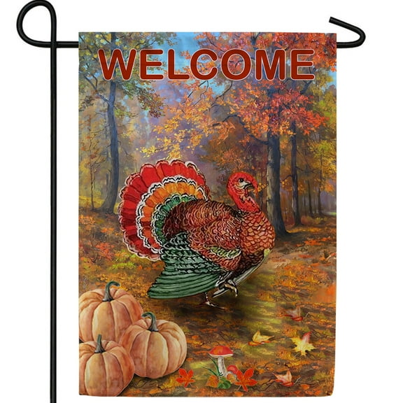 America Forever Turkey Strut Garden Flag, 12.5 x 18 inch Double Sided, Welcome Fall Thanksgiving Decor, Autumn Forest Pumpkin Scene, Turkey Outdoor Yard Banner