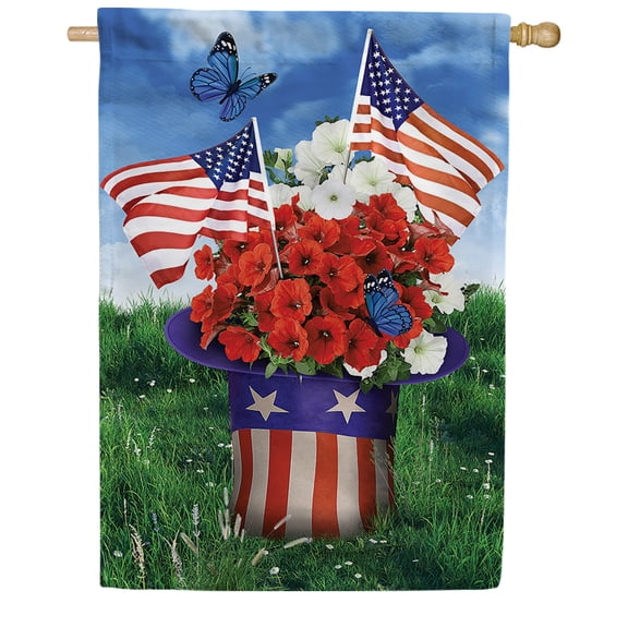 America Forever Uncle Sam's Flower Hat House Flag, 28 x 40 inch Double Sided, Patriotic Banner, Poppies Mini USA Flags Festive Outdoor Decor, 4th July Yard Flag