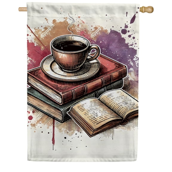 America Forever Vintage Books Coffee Cup House Flag, 28 x 40 inch Double Sided, Cozy Reading Time House Flags, Coffee Lover, Reading Nook Outdoor Decorative Flags for Lawn and House Dcor