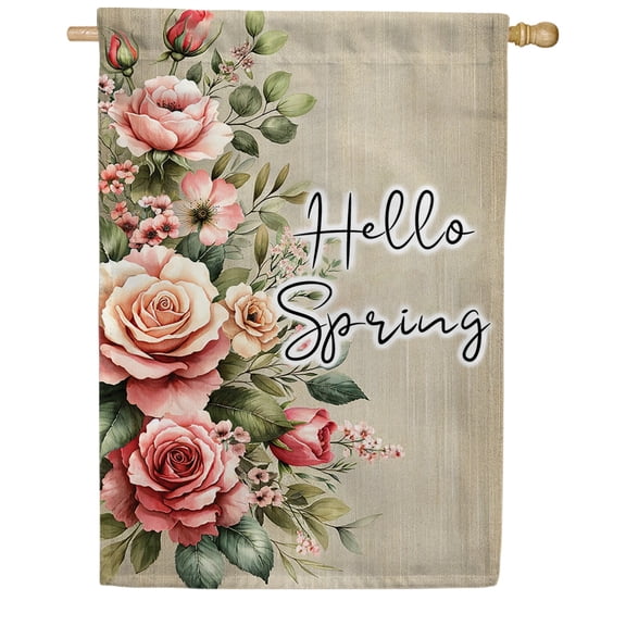 America Forever Vintage Roses Hello Spring House Flag, 28 x 40 inch Double Sided, Vintage Rose Spring Flag, Shabby Chic Garden Decor, Hello Spring Rose Yard Flag