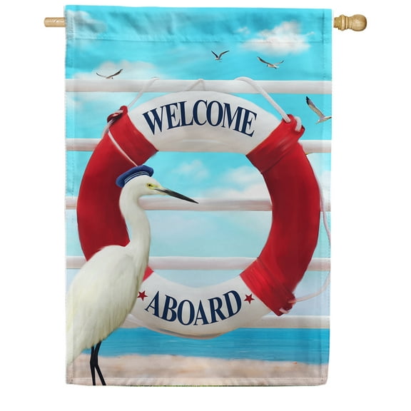 America Forever Welcome Aboard Nautical Lifebuoy House Flag 28 x 40 inches Stork Exotic Bird Seagulls Ocean Seabird Double Sided Seasonal Yard Outdoor Decorative Coastal Beach Summer Flag
