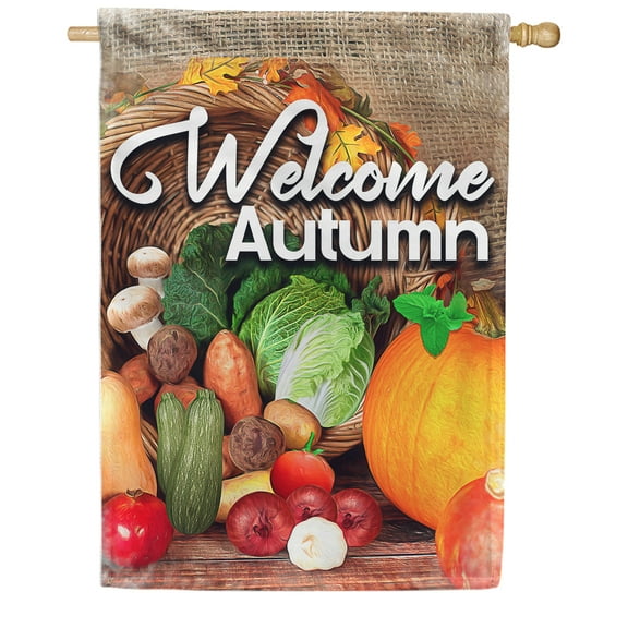America Forever Welcome Autumn House Flag, 28 x 40 inches Double Sided, Harvest Vegetables and Pumpkins, Horn of Plenty Cornucopia, Fall Seasonal Outdoor Flags for Yard, Lawn, and House