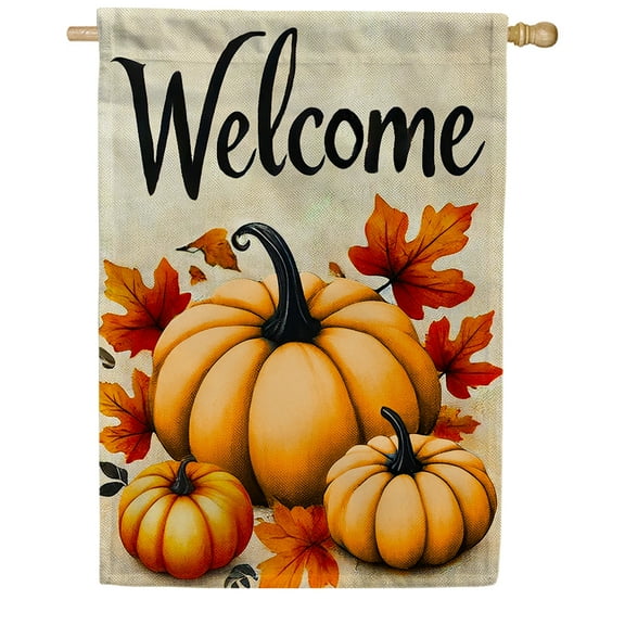 America Forever Welcome Autumn Pumpkins House Flag, 28 x 40 inch Double Sided, Harvest Pumpkins Welcome Flags, Farmhouse Fall Seasonal Outdoor Decor for Lawn and House Dcor