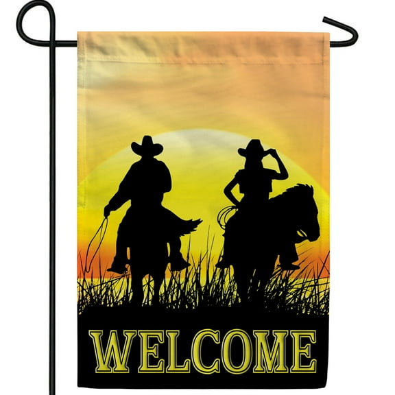 America Forever Welcome Cowboy Summer Garden Flag 12.5 x 18 inches Sunset American Cowboy Horse Ride Silhouette Double Sided Seasonal Yard Outdoor Decorative Rodeo Garden Flag