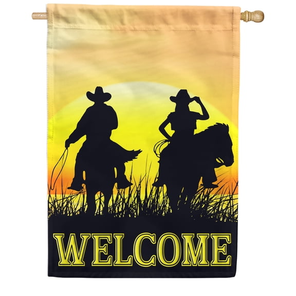 America Forever Welcome Cowboy Summer House Flag 28 x 40 inches Sunset American Cowboy Horse Ride Silhouette Double Sided Seasonal Yard Outdoor Decorative Rodeo House Flag