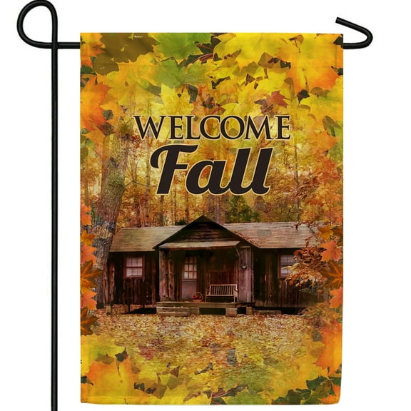 America Forever Welcome Fall Garden Flag, 12.5 x 18 inches Double Sided, Rustic Cabin Welcome Fall Flag, Cabin in the Woods Flag, Autumn Decorative Outdoor Flag for Yard, Lawn, and Garden Decor