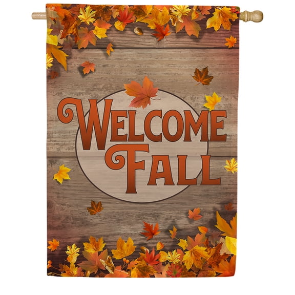 America Forever Welcome Fall House Flag, 28 x 40 inch Double Sided, Autumn Leaves Decor, Rustic Wood Design, Seasonal Fall Outdoor Yard Banner, Thanksgiving Home Decoration