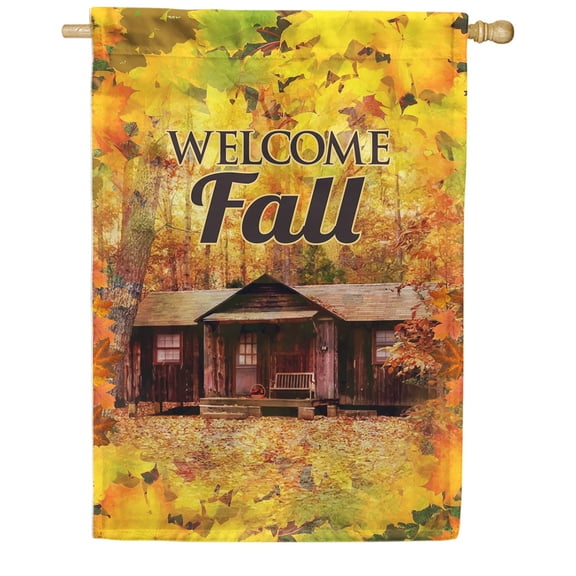 America Forever Welcome Fall House Flag, 28 x 40 inches Double Sided, Rustic Cabin Welcome Fall Flag, Cabin in the Woods Flag, Autumn Decorative Outdoor Flag for Yard, Lawn, and House Decor