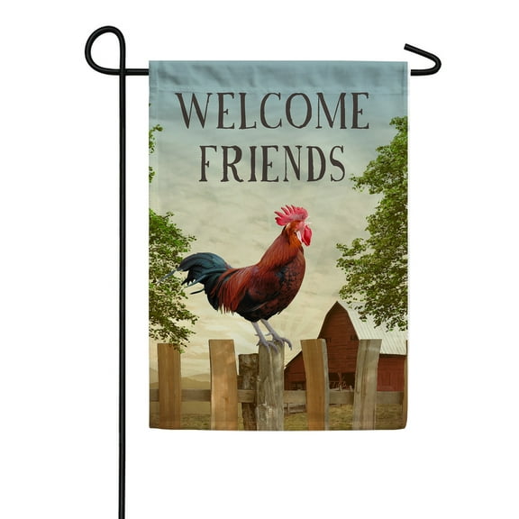 America Forever Welcome Friends Rooster Summer Garden Flag 12.5 x 18 inches Farm Chicken Red Barn Country Life Rustic Double Sided Seasonal Yard Outdoor Decorative Farm Fresh Rooster Garden Flag