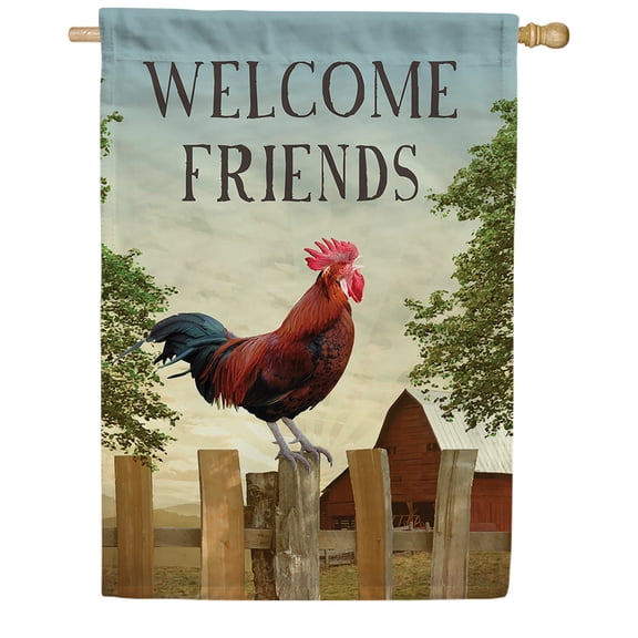 America Forever Welcome Friends Rooster Summer House Flag 28 x 40 inches Farm Chicken Red Barn Country Life Rustic Double Sided Seasonal Yard Outdoor Decorative Farm Fresh Rooster Garden Flag