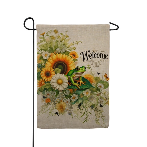 America Forever Welcome Frog Botanical Burlap Garden Flag, 12 x 18 inch Double Sided, Frog Sunflower Wildflower Banner, Botanical Welcome Butterfly Outdoor Decor, Spring Summer Yard Flag