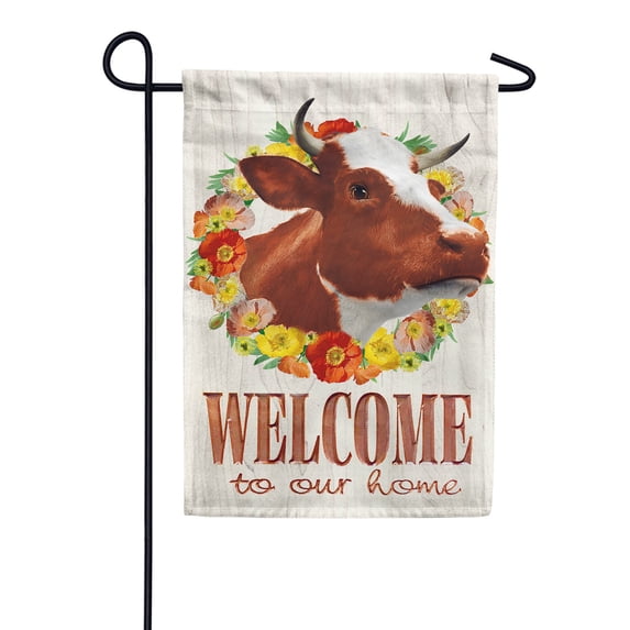 America Forever Welcome to Our Home Summer Garden Flag 12.5 x 18 inches Floral Wreath Happy Cow Farm Animal Double Sided Seasonal Yard Outdoor Decorative Rustic Cow Flower Garden Flag