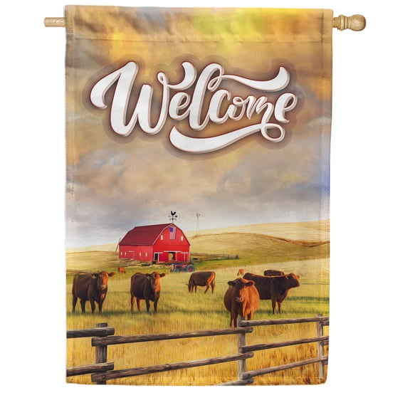 America Forever Welcome to Rural America House Flag, 28 x 40 inch Double Sided, Farm Scene Flag, Country Barn Cows Decor, Rustic Ranch Outdoor Yard Banner