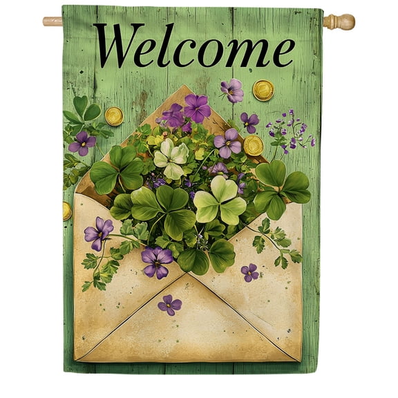 America Forever Welcome Shamrock Violet House Flag, 28 x 40 inch Double Sided, St Patrick Day Clover Purple, Irish Spring Lucky Flower Flag