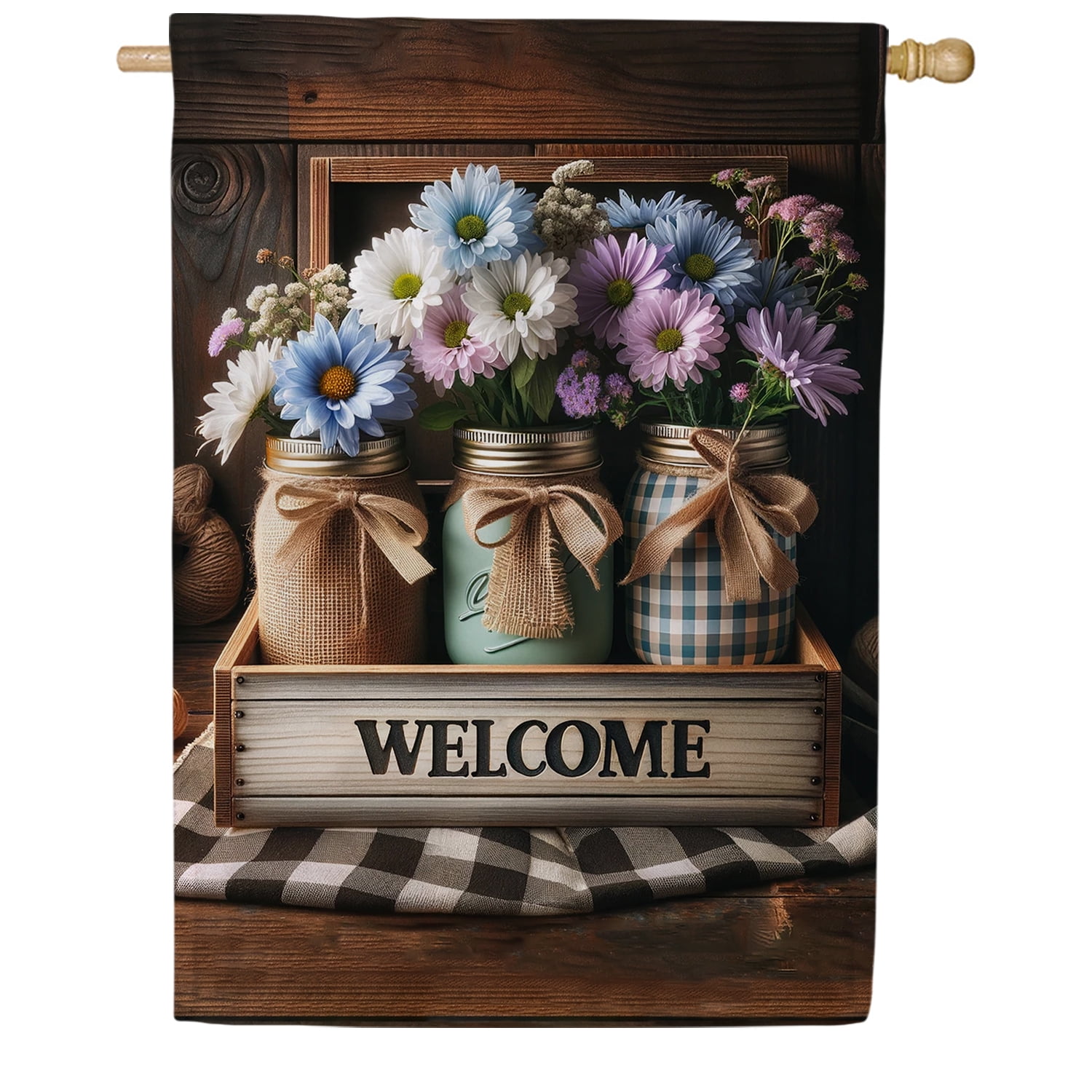 America Forever Welcome Spring Floral Mason Jar House Flag, 28x40 inch Double Sided, Daisy Flower Spring Yard Decoration, Seasonal Holiday Decorations for Outside