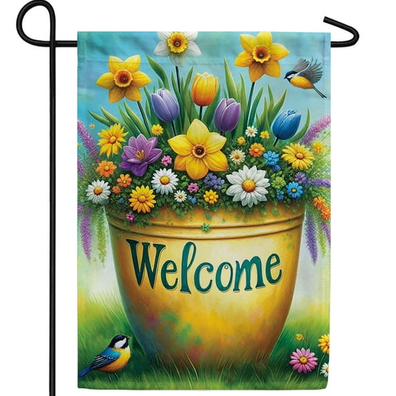 America Forever Springtime Welcome Flower Pot Garden Flag, 12.5 x 18 inch Double Sided, Daffodils Tulips Birds, Spring Banner, Garden Charm Decoration