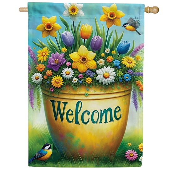 America Forever Welcome Spring Flower Pot House Flag, 28 x 40 inch Double Sided, Spring Welcome Flag, Flower Pot Garden Decor, Spring Greeting Yard Flag