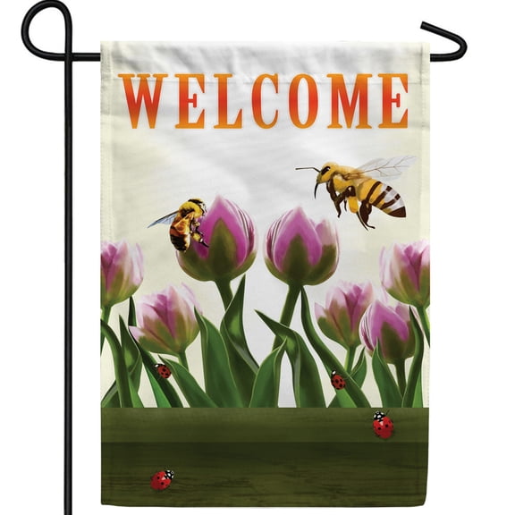 America Forever Welcome Spring Bees and Tulips Garden Flag, 12.5 x 18 inch Double Sided, Welcome Spring Tulip Bee Ladybug Flower Garden Outdoor Yard Decor