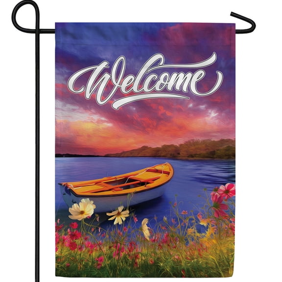 America Forever Welcome Spring Garden Flag 12.5 x 18 inches Double Sided Lake, Boat, Sunrise, Flowers - Seasonal Yard Lawn Outdoor Decorative Summertime Garden Flag