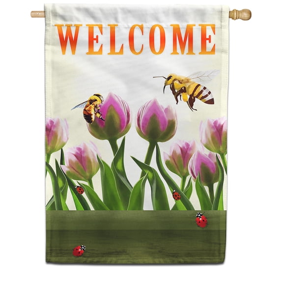 America Forever Welcome Spring Bees and Tulips House Flag, 28 x 40 inch Double Sided, Welcome Spring Tulip Bee Ladybug Flower Garden Outdoor Yard Decor