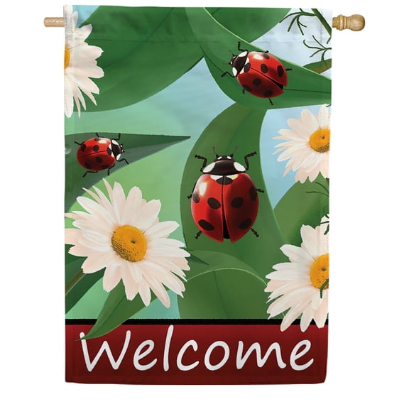 America Forever Welcome Spring House Flag 28 x 40 inches Double Sided Ladybug, White Flowers, Greenery, Colorful - Seasonal Yard Lawn Outdoor Decorative Spring Daisy House Flag