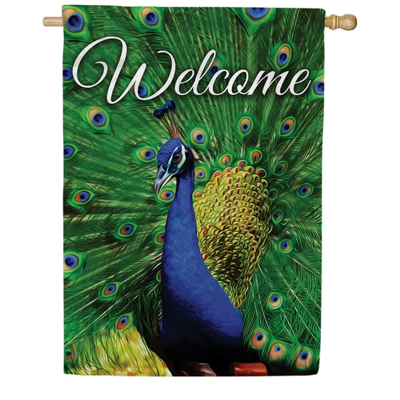 America Forever Welcome Summer Peacock House Flag 28 x 40 inches Colorful Feather Elegant Summer Bird Exotic Double Sided Seasonal Yard Outdoor Decorative Blue Green Feathers House Flag