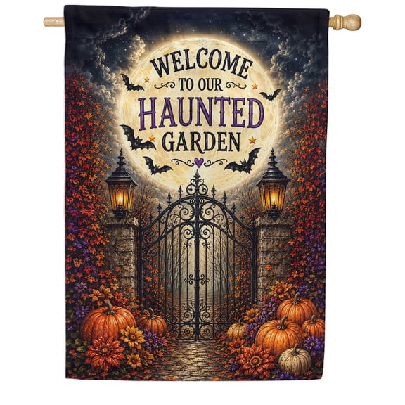 America Forever Welcome To Our Haunted Garden Flag, 28 x 40 inch Double Sided, Halloween House Flag, Spooky Gate Full Moon Bats Pumpkins Autumn Decor