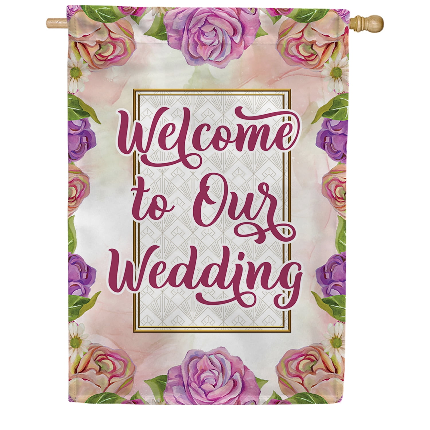 America Forever Welcome to Our Wedding House Flag, 28 x 40 inch Double Sided, Wedding Ceremony Banner, Floral Rose Bridal Outdoor Decor, Wedding Reception Yard Flag