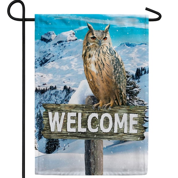 America Forever Welcome Winter Garden Flag Double Sided Vertical Decorative 12.5 x 18 inches for Yard, Porch Happy Holiday Welcome Owl Outdoor Snowfall Mountains Morning Garden Flag