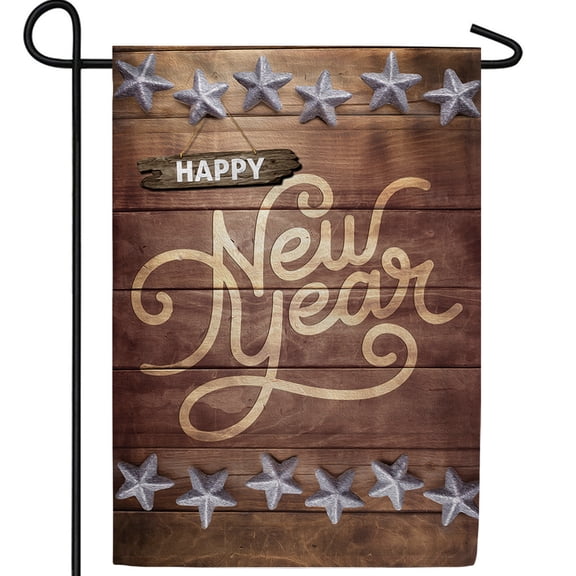 America Forever Western Style New Year Garden Flag, 12.5 x 18 inch Double Sided, Happy New Year Rustic Wood Design, Metallic Star Ornaments, Country Celebration Banner, Holiday Decor