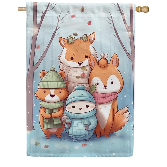 America Forever Wildlife Ready For Winter House Flag, 28 x 40 inch Double Sided, Forest Animals Clothes Scene, Seasonal Outdoor Banner, Yard Decor, Cold Weather Holiday Farmhouse