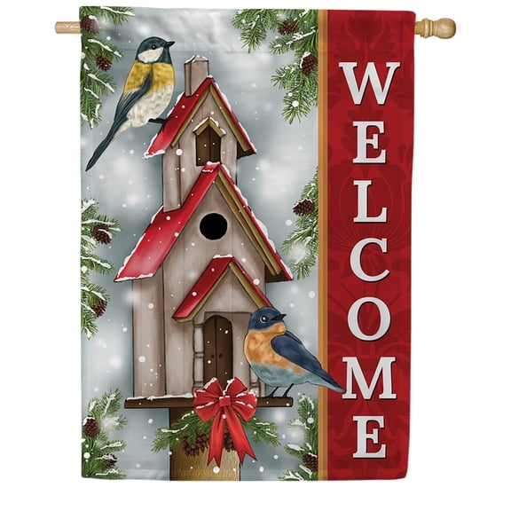 America Forever Winter Bird Birdhouse Welcome House Flag, 28 x 40 inch Double Sided, Cardinals Birds Banner, Snow Outdoor Decor, Wildlife Yard Decorations, Red Welcome Sign Nature Design