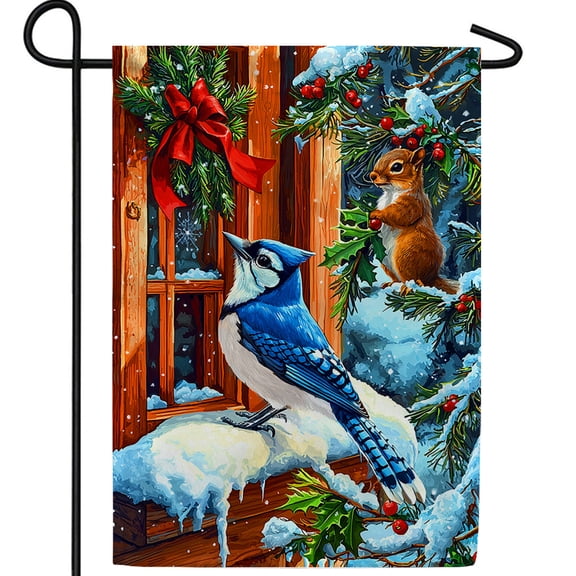 America Forever Winter Blue Jay Squirrel Double Sided Garden Flag 12.5 x 18 inch Holiday Window Bird Wildlife Outdoor Seasonal Decorative Yard Banner