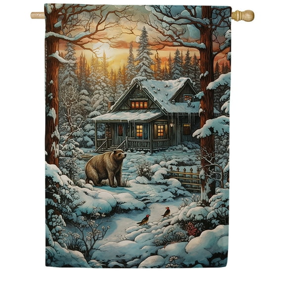 America Forever Winter Cabin Bear Forest Double Sided House Flag, 28 x 40 inch Snow Wilderness Banner, Seasonal Outdoor Decor, Holiday Outside Decorations Yard