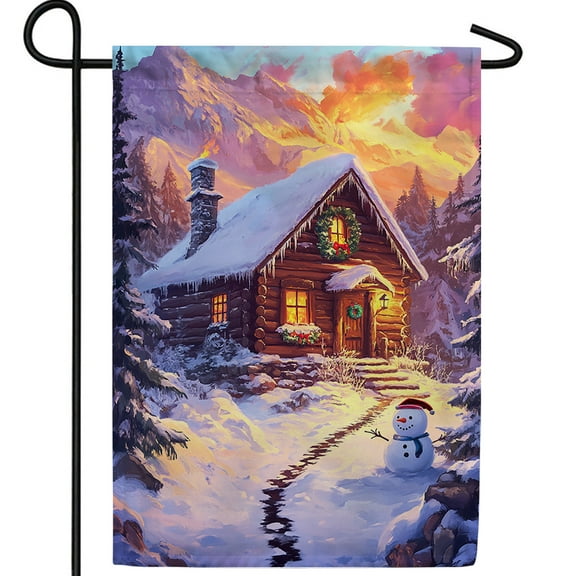 America Forever Winter Cabin Snowman Garden Flag, 12.5 x 18 inch Double Sided, Cozy Log Cabin Snow Scene, Mountain Holiday Decor, Christmas Outdoor Decoration Yard Banner