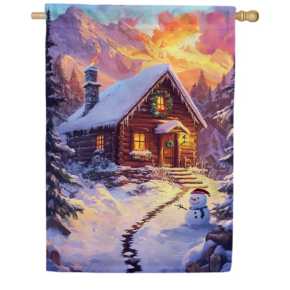 America Forever Winter Cabin Snowman Mountains Double Sided House Flag 28 x 40 inch Log Cabin Snowy Outdoor Holiday Seasonal Decorative Yard Banner