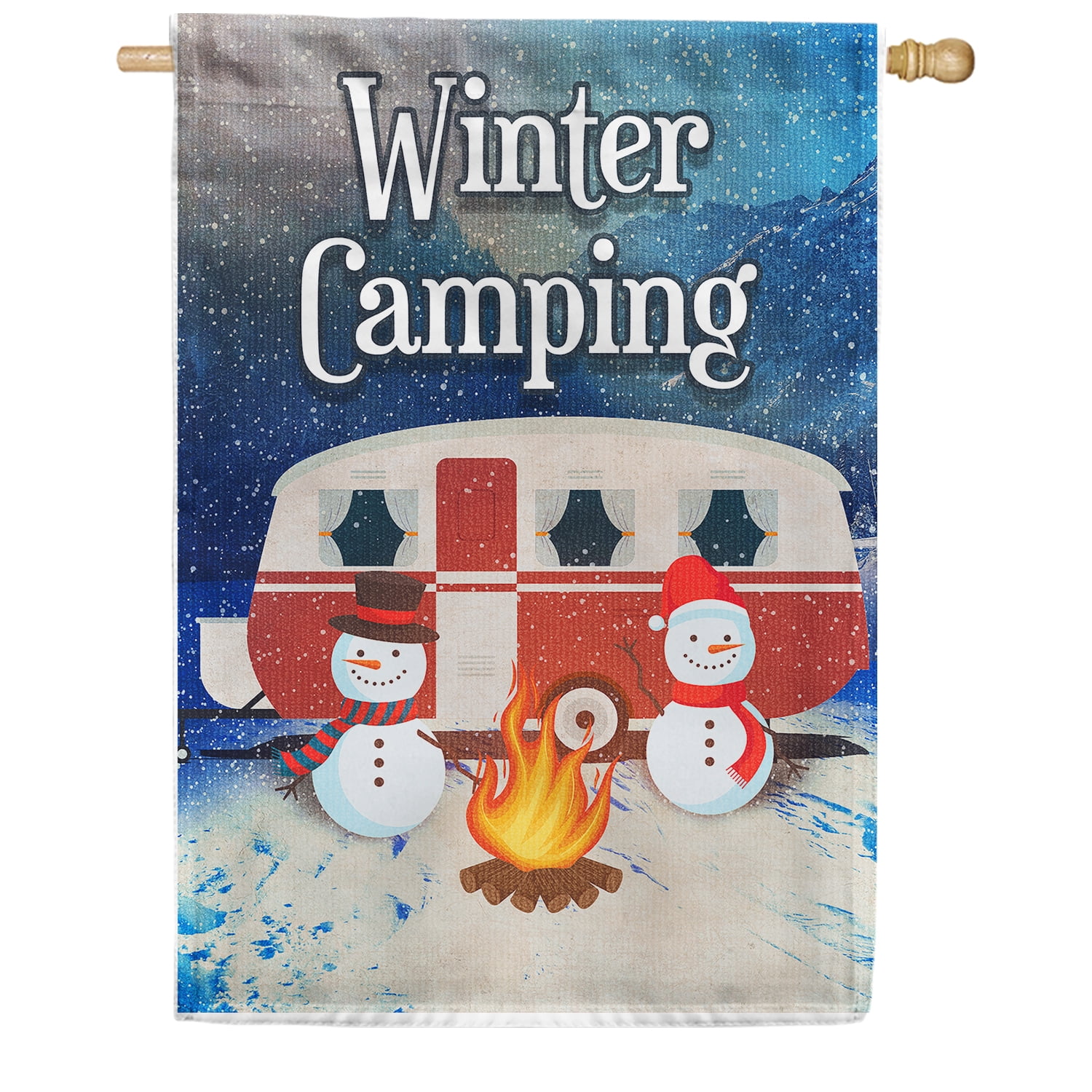 America Forever Winter Camping House Flag 28 x 40 Inch Double Sided Snowman Bonfire Trailer RV Winter Christmas Camping Flags for Campers Seasonal Yard Outdoor Decorative Flag